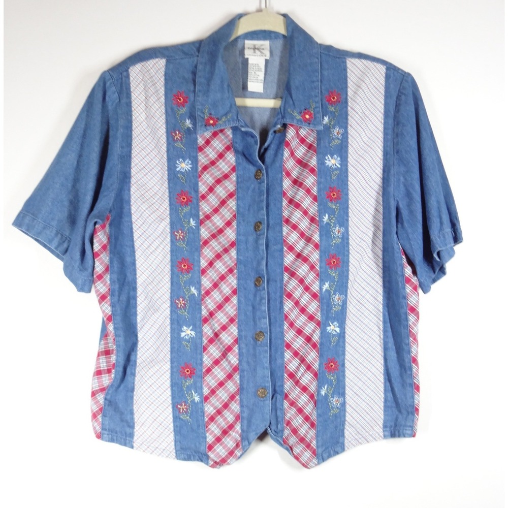 VTG Denim Button Shirt Womens XL Blue Patchwork Floral Plaid Western Cottagecore